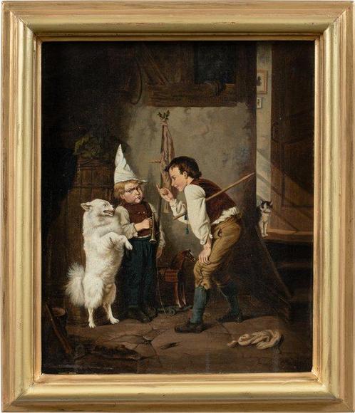 German school (XIX) - Two children training Spitz dog, Antiek en Kunst, Kunst | Schilderijen | Klassiek
