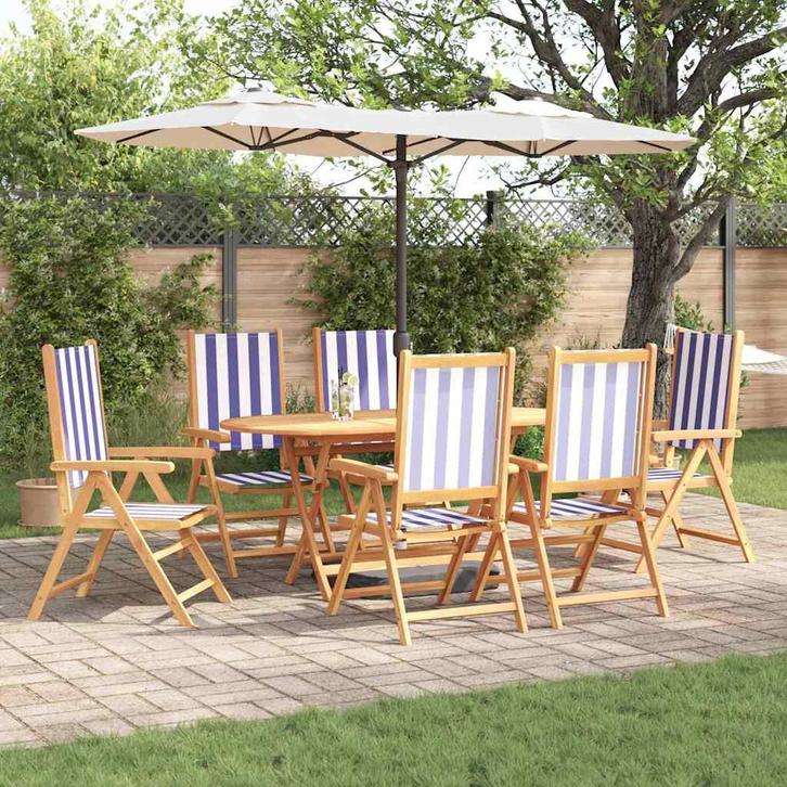 vidaXL Tuin Eettafel Set 7 pcs Blauw en Wit Massief Acacia, Tuin en Terras, Tuinsets en Loungesets, Nieuw, Verzenden