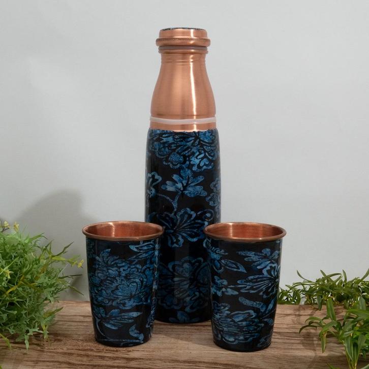 Puur koperen set van fles bloemenprint blauw ± 950 ml met 2, Sport en Fitness, Gezondheidsproducten en Wellness, Ophalen of Verzenden