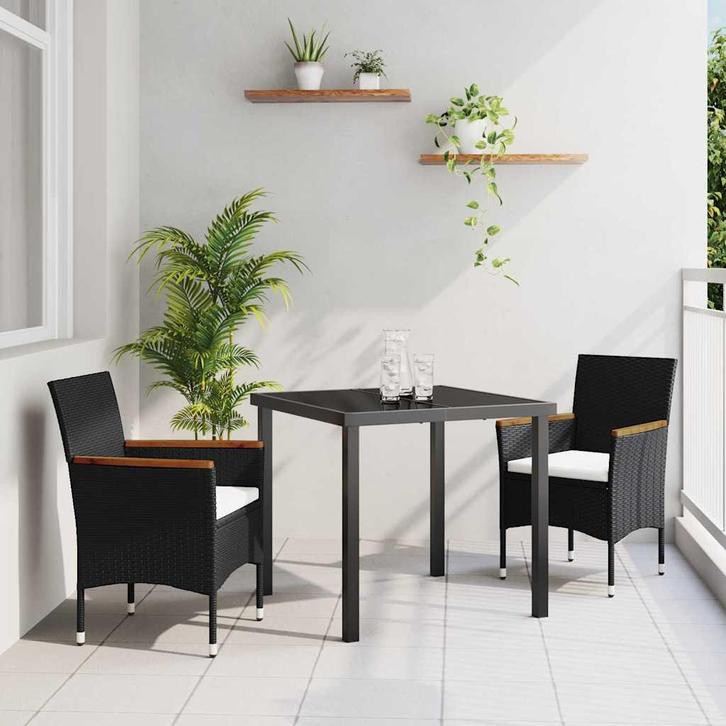 vidaXL Tuin Eettafel Set met kussen 3 pcs Zwart Poly rattan, Tuin en Terras, Tuinsets en Loungesets, Nieuw, Verzenden