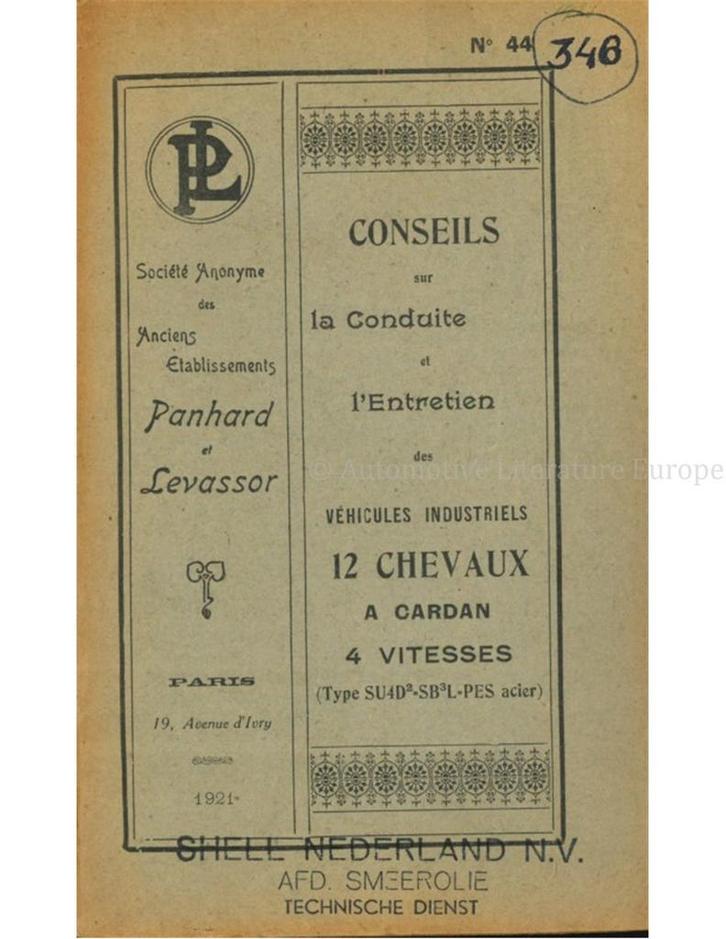 1921 PANHARD & LEVASSOR INSTRUCTIEBOEKJE FRANS, Autos : Divers, Modes d'emploi & Notices d'utilisation, Enlèvement ou Envoi