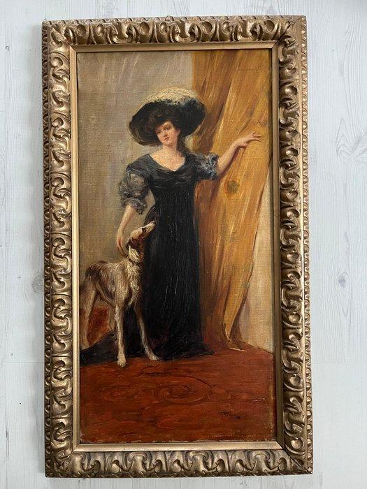 Giovanni Pirovano (1880-1959) - Voorname dame met hond - NO, Antiek en Kunst, Kunst | Schilderijen | Klassiek