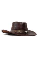 Cowboyhoed Donkerbruin Leer Stier Bruine Leren Leatherlook C, Ophalen of Verzenden, Nieuw