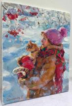 Elena Salnikova (1970) - Fillette au Chaton - Hiver est, Antiquités & Art, Art | Peinture | Classique