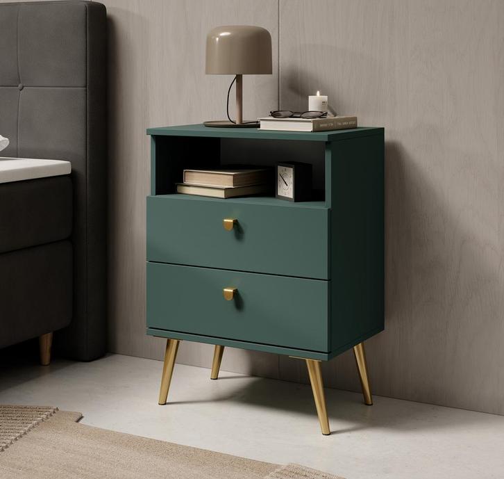 Meubella Nachtkastje groen 50 cm met lade goud, Huis en Inrichting, Kasten | Overige, Nieuw, Verzenden