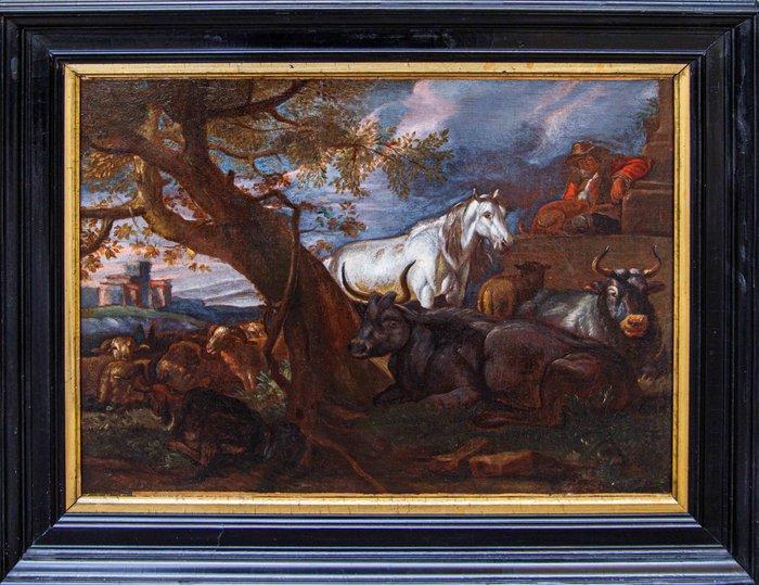 Scuola fiamminga (XVII) - Paesaggio con armenti, Antiek en Kunst, Kunst | Schilderijen | Klassiek