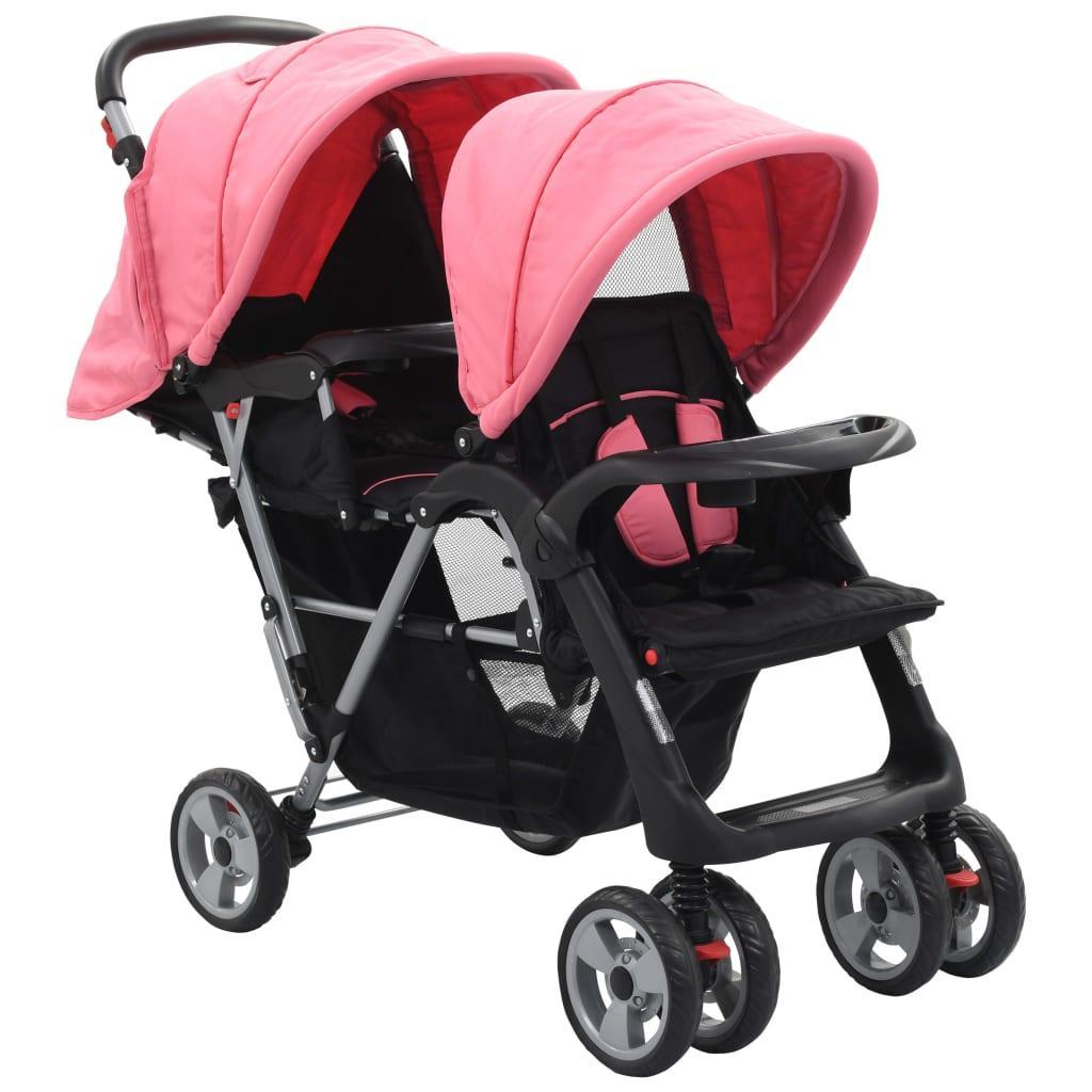 ② vidaXL Kinderwagen dubbel staal roze en zwart — Poussettes & Combinaisons 2ememain