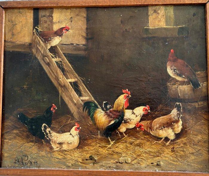 Hollandse School (XIX-XX) - Kippen schilderij van Alfred, Antiek en Kunst, Kunst | Schilderijen | Klassiek