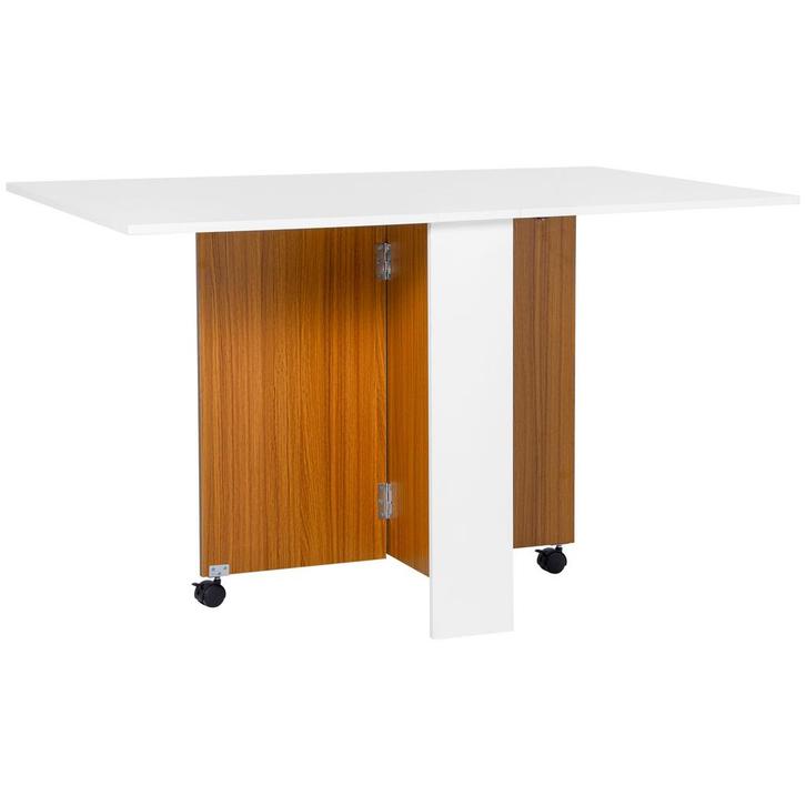 Eettafel - Inklapbaar-Uittrekbaar - Mobiel - Teak + Wit, Huis en Inrichting, Tafels | Eettafels, Nieuw, Ophalen of Verzenden