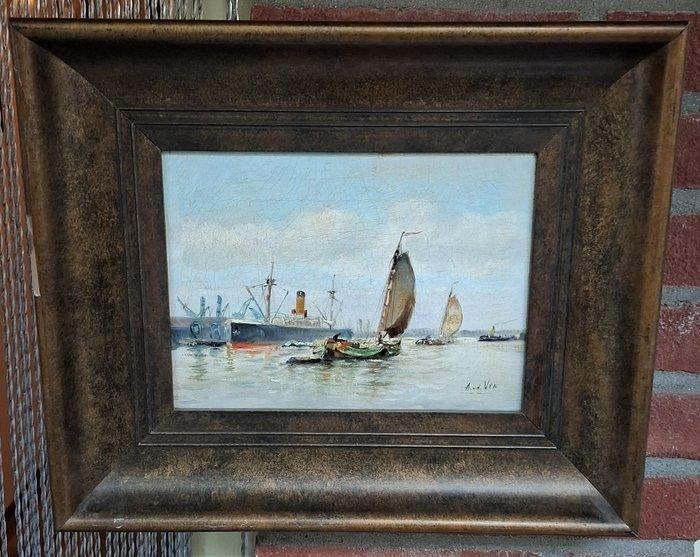 A v/d Ven (XX) - Haven Rotterdam, Antiek en Kunst, Kunst | Schilderijen | Klassiek