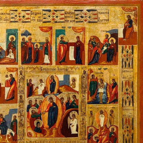 École russe (XIX) - Icona delle dodici feste, Antiek en Kunst, Kunst | Schilderijen | Klassiek