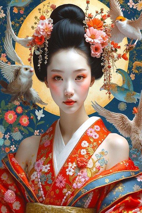 Hiroshi (1981) - Birds Geisha Toile (L), Antiquités & Art, Art | Peinture | Moderne