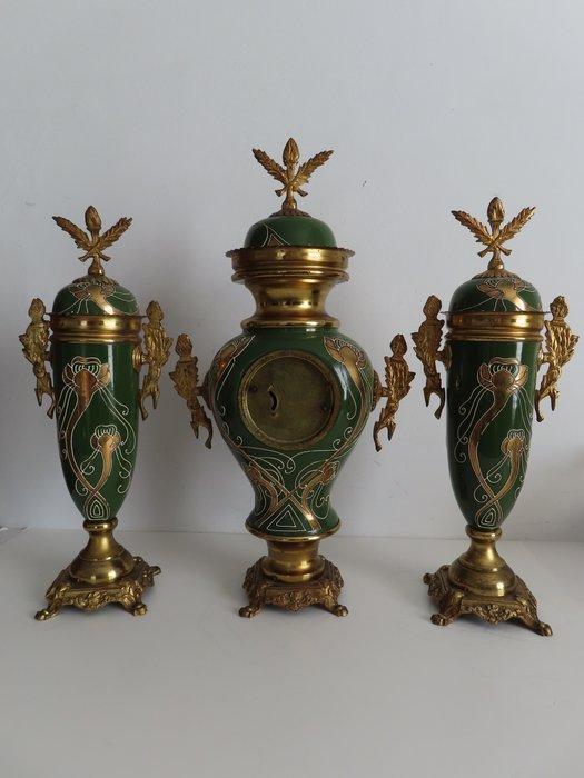 Klok en garnituur set (3) - Art Nouveau Messing - 1940-1950, Antiek en Kunst, Antiek | Klokken