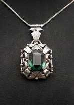 Zilver, Grote Art Deco, Groene Spinel(Getest) - Ketting met, Antiek en Kunst
