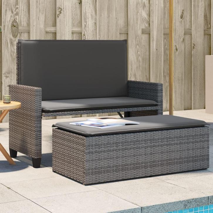 vidaXL Tuinbank met kussens en voetenbank poly rattan grijs, Tuin en Terras, Tuinsets en Loungesets, Nieuw, Verzenden