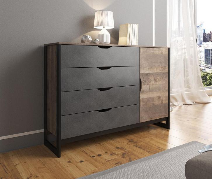 Commode Acasia - Grijs - Eiken - 138x42x91 - Ladekast, Huis en Inrichting, Kasten | Ladekasten, 25 tot 50 cm, Nieuw, 100 tot 150 cm