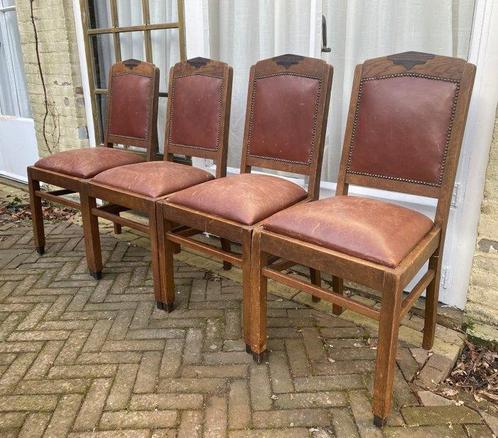 Chaise (4) - Bois, Cuir - École dAmsterdam, Antiek en Kunst, Kunst | Designobjecten