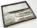 Antiek visserveerbestek met zilveren heft in originele etui,
