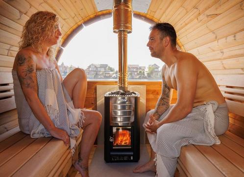 Barrel Sauna houtgestookt of elecktrische buitensauna, Sport en Fitness, Sauna, Fins of Traditioneel, Complete sauna, Nieuw, Ophalen of Verzenden