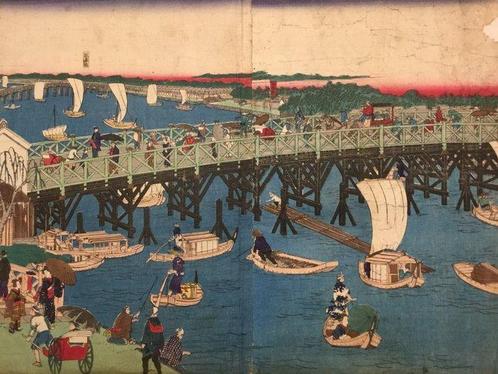 Beroemde plekken in Tokyo, gezicht op de Ryogoku brug -, Antiek en Kunst, Antiek | Overige Antiek