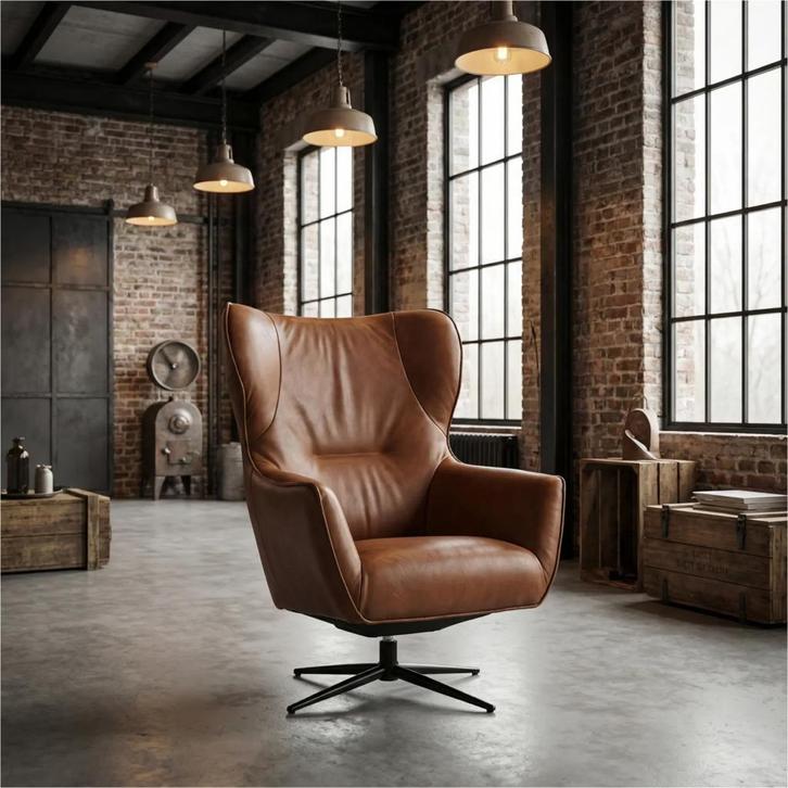 Leren draaifauteuil Leaf - Rancho Cognac (cognac) -, Huis en Inrichting, Fauteuils, 75 tot 100 cm, 75 tot 100 cm, Nieuw, Leer