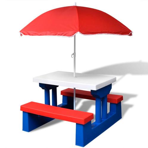 vidaXL Kinderpicknicktafel met banken en parasol meerkleurig, Jardin & Terrasse, Tables de jardin, Envoi
