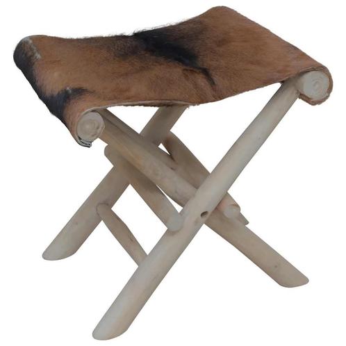 vidaXL Kruk inklapbaar echt leer en massief teakhout, Huis en Inrichting, Stoelen, Nieuw, Verzenden