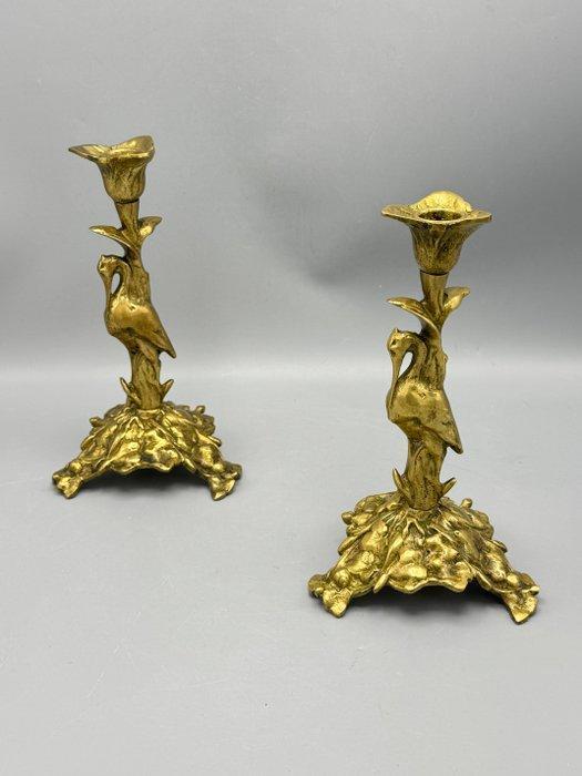 Kandelaar (2) - Brons - Ooievaar kandelaren, Antiquités & Art, Antiquités | Autres Antiquités