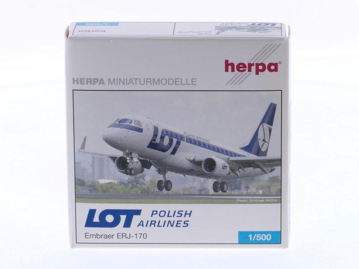 Schaal 1:500 Herpa 515108 LOT - Polish Airlines Embraer E..., Hobby en Vrije tijd, Modelbouw | Vliegtuigen en Helikopters, Zo goed als nieuw
