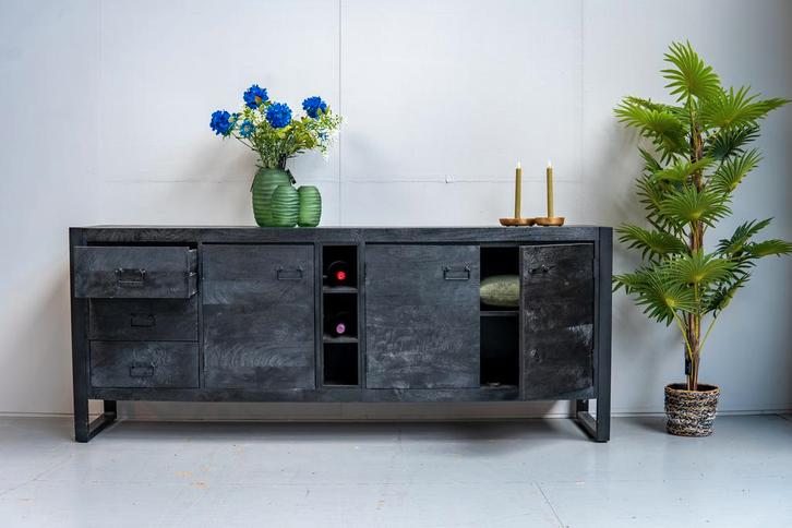 Dressoir Mangohout Kelvin 200 Zwart, Huis en Inrichting, Kasten | Dressoirs, Nieuw, Verzenden