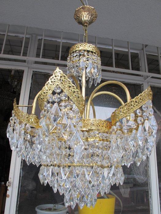 Kroonluchter - Verguld messing - Antique crystal lamp, Antiek en Kunst, Curiosa en Brocante