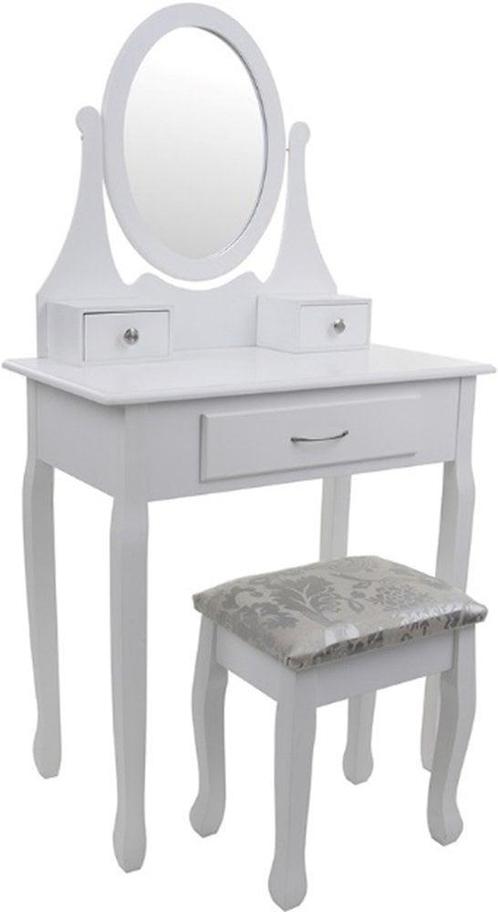 Moderne witte kaptafel met spiegel en kruk - 75x40x137 cm..., Huis en Inrichting, Tafels | Kaptafels, Nieuw, Ophalen of Verzenden