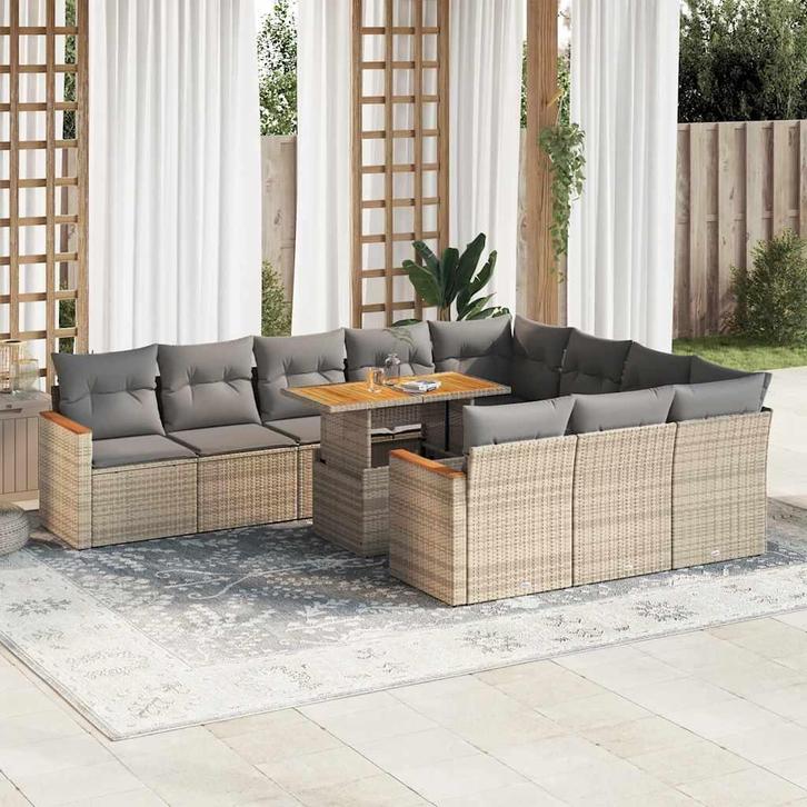 vidaXL 11-delige Tuinset met kussens poly rattan acacia, Tuin en Terras, Tuinsets en Loungesets, Tuinset, Nieuw, Verzenden