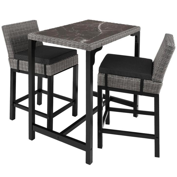 tectake Wicker bartafel Kutina met 2 stoelen Latina - grijs, Tuin en Terras, Tuinsets en Loungesets, Verzenden