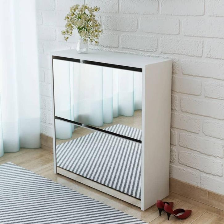 vidaXL Schoenenkast tweelaags met spiegel 63x17x67 cm wit, Huis en Inrichting, Kasten | Schoenenkasten, Nieuw, Verzenden