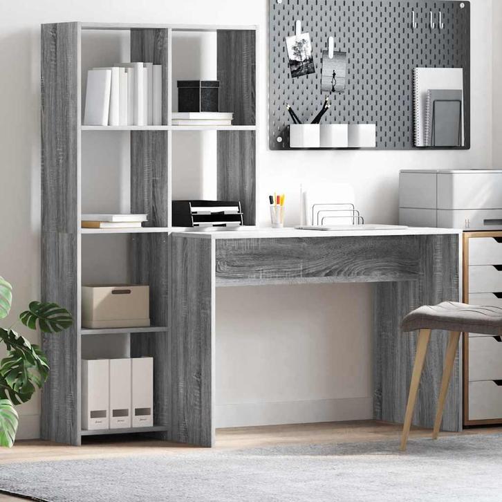 vidaXL Bureau met plank Grijs sonoma 138.5 x 55 x 143 cm, Huis en Inrichting, Bureaus, Nieuw, Verzenden