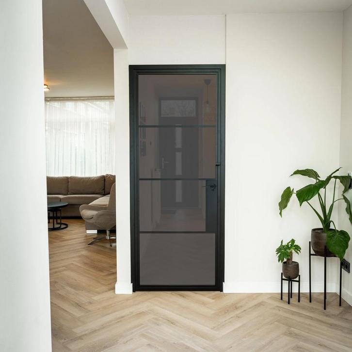 Stalen Binnendeur - 4 Vlaks - Rook glas - Met slot, Doe-het-zelf en Bouw, Deuren en Vliegenramen, Nieuw, Metaal, Binnendeur, 200 tot 215 cm