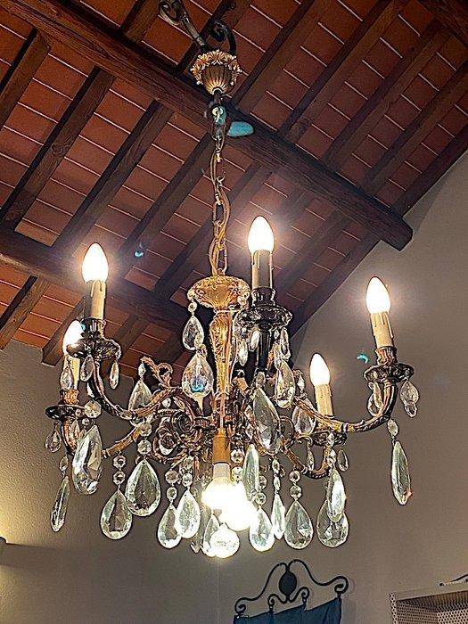 Lustre - Laiton, Verre, Cristal - 6 bracci + 2 spot, Antiquités & Art, Curiosités & Brocante