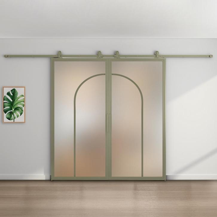 Dubbele stalen schuifdeur Olijfgroen 2 Vlaks rond Mat glas, Bricolage & Construction, Châssis & Portes coulissantes