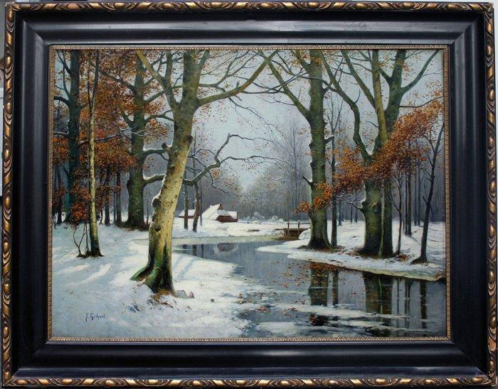 Franz Gerhard (XIX) - Monumental Winter landscape, Antiek en Kunst, Kunst | Schilderijen | Klassiek