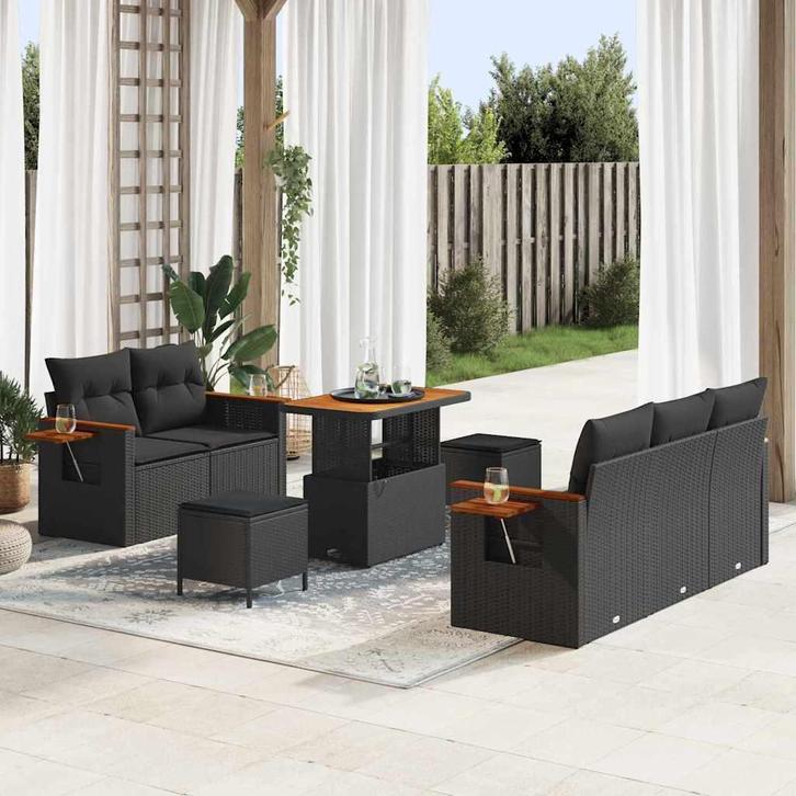 vidaXL Tuinbank Set 8 pcs Zwart Poly riet en gepoedercoat, Tuin en Terras, Tuinsets en Loungesets, Nieuw, Verzenden