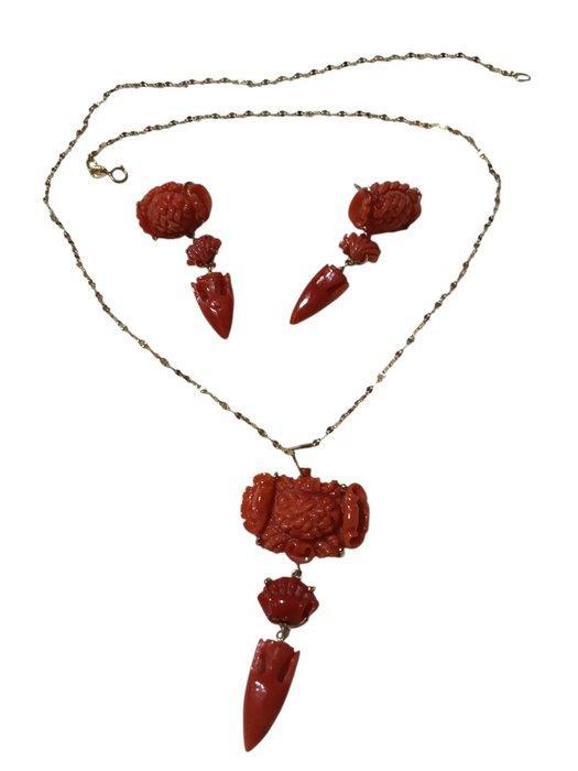 3-delige sieradenset - 18 karaat Geel goud Bloedkoraal -, Bijoux, Sacs & Beauté, Bijoux anciens