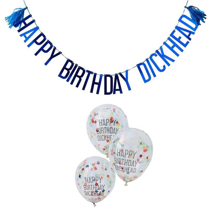 Blauwe Ballonnen Set Happy Birthday Dickhead 2,5m, Hobby en Vrije tijd, Feestartikelen, Nieuw, Verzenden