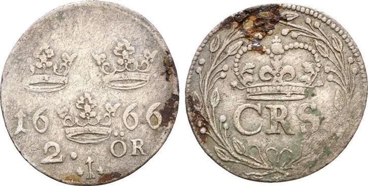 2 Öre Stockholm 1666 Schweden: Karl Xi, 1660-1697:, Postzegels en Munten, Munten | Europa | Niet-Euromunten, België, Verzenden