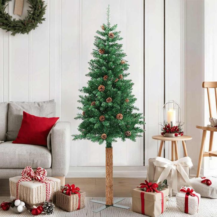 vidaXL Kerstboom met echt hout en dennenappels smal 150 cm, Diversen, Kerst, Nieuw, Verzenden