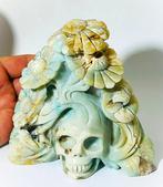 Crâne unique en amazonite avec gravures florales fait main -, Antiquités & Art