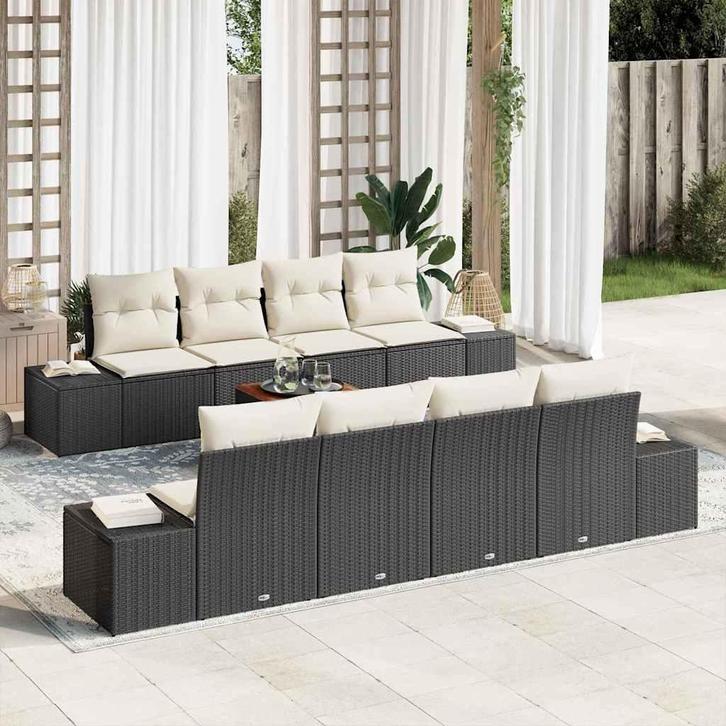 vidaXL Tuinbank Set met kussen 9 pcs Zwart poly rattan, Tuin en Terras, Tuinsets en Loungesets, Nieuw, Verzenden