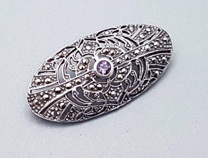Zilver, Art Deco, Amethist(Getest) - Broche - + Markasieten., Antiek en Kunst, Kunst | Designobjecten