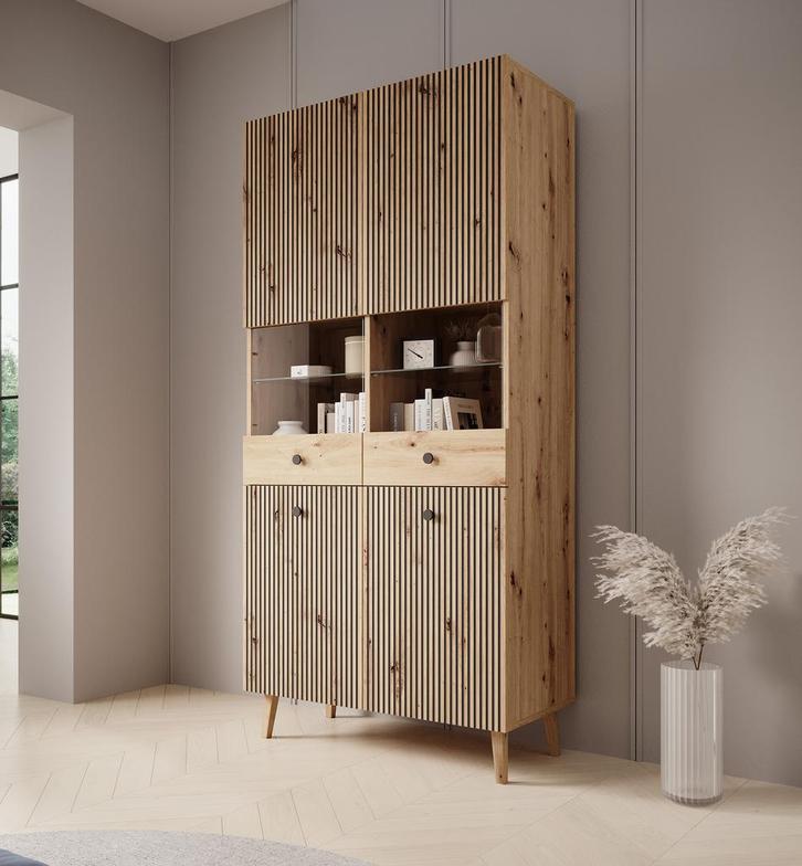 Meubella vitrinekast Bali eiken 90cm, Huis en Inrichting, Kasten | Vitrinekasten, 25 tot 50 cm, Nieuw, 50 tot 100 cm, 150 tot 200 cm