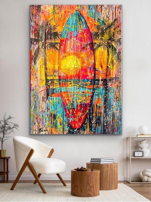 Joaquim Falco - SUNSET ON THE BEACH. XXL Neon Paint, Antiek en Kunst, Kunst | Schilderijen | Modern